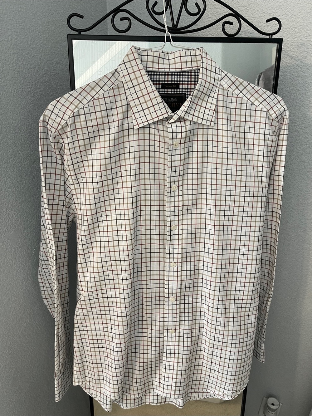 Jos. A. Bank Reserve Cream Dress Shirt with Brown and Black Grid